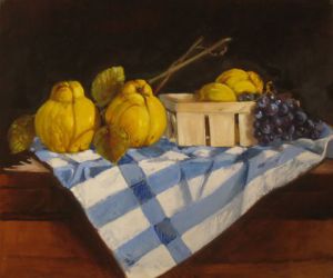 Voir le détail de cette oeuvre: Coings,raisins,panier au torchon bleu